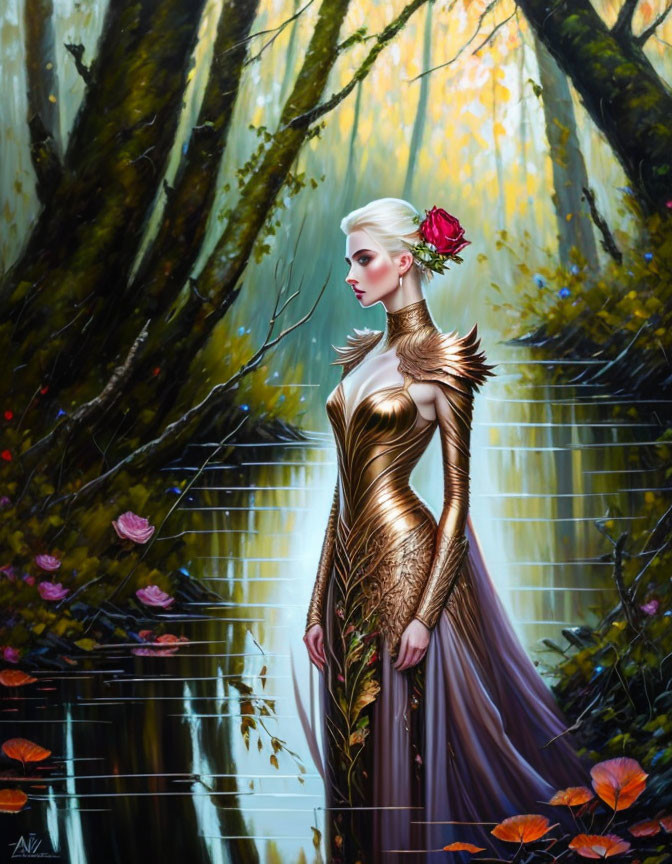 Platinum Blonde Woman in Ornate Gown by Forest Pond