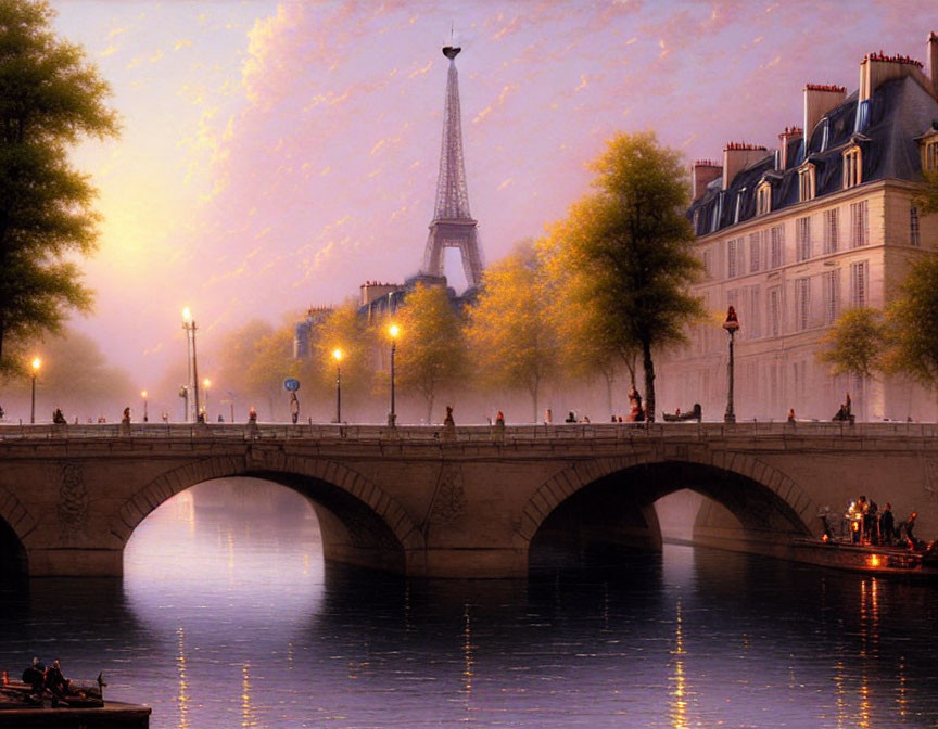 Romantic evening scene in Paris with Eiffel Tower and Seine River bridge.