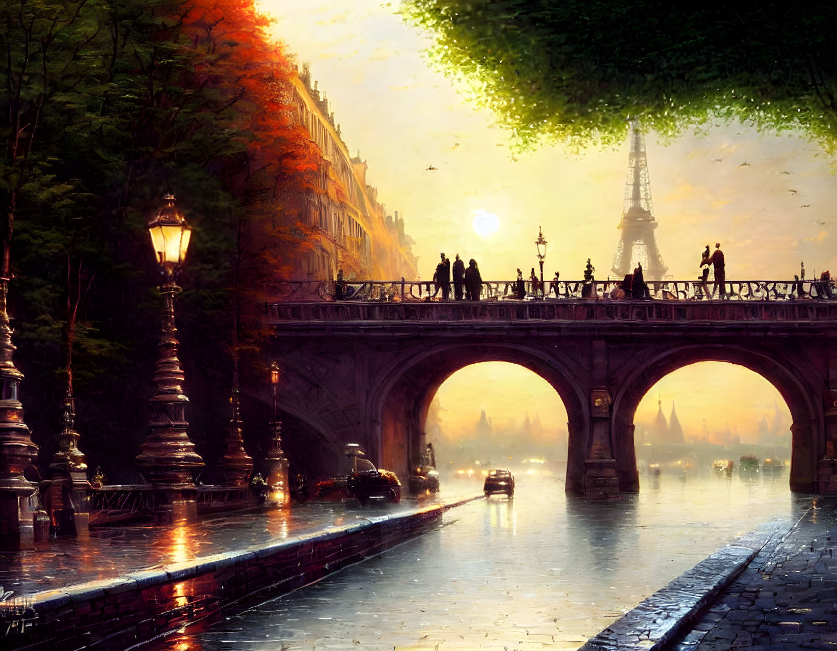 Romantic evening scene with bridge, street lamps, Eiffel Tower, and wet cobblestone