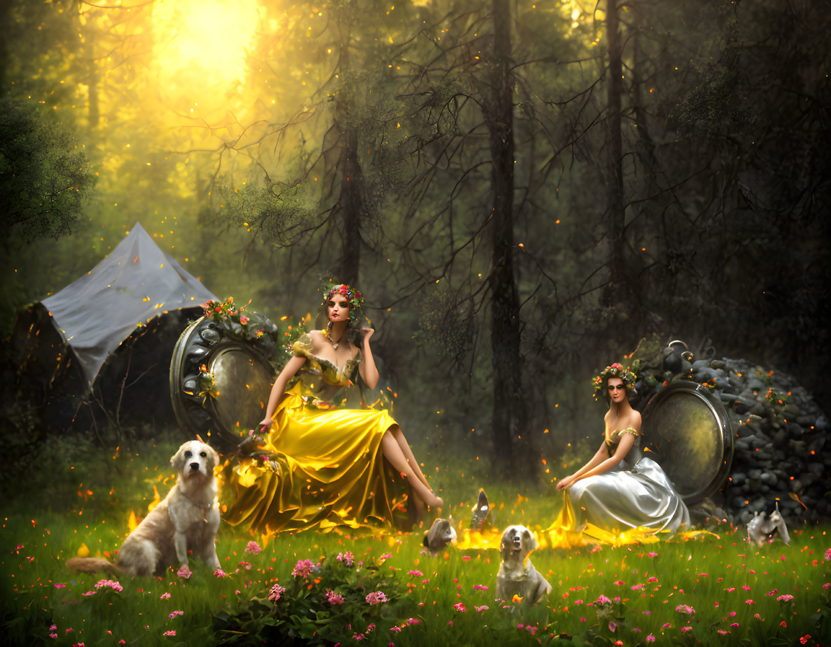 Women in elegant dresses by mirrors in mystical forest with dog and glowing lights at sunset