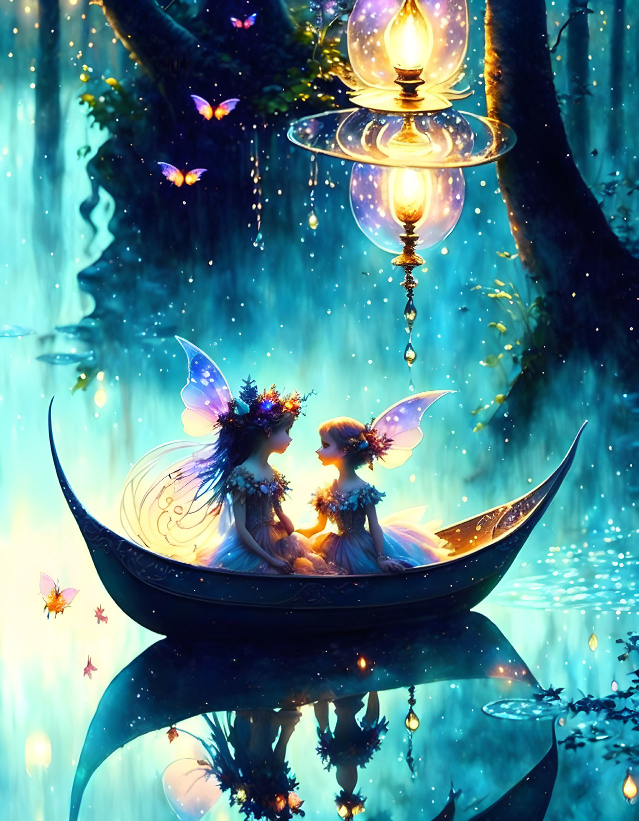 Glowing winged fairies in boat amidst magical forest with lanterns