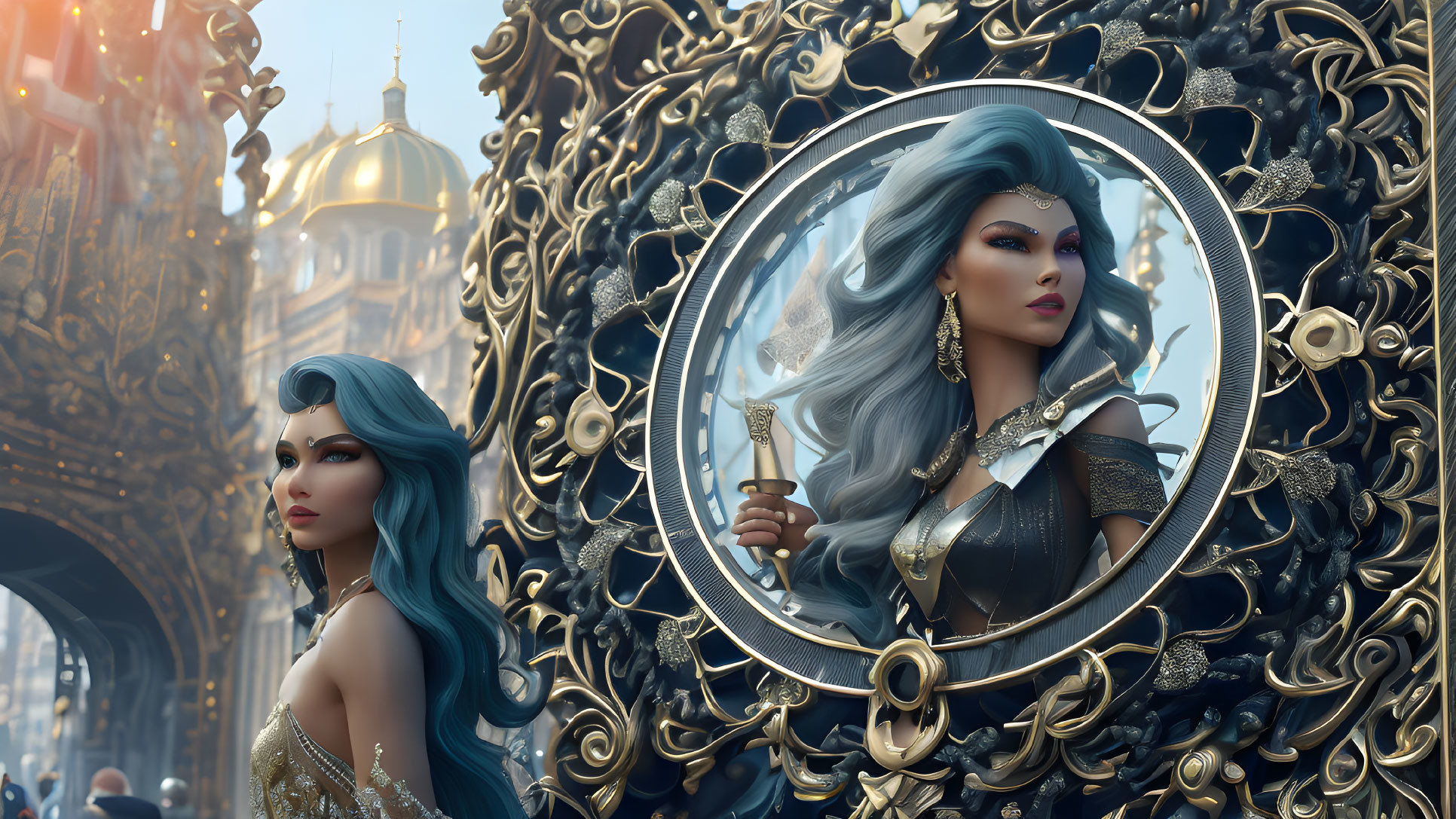 Teal-haired female warrior in ornate armor reflected in golden-framed mirror