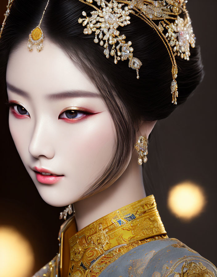 Elaborate Gold Headdress and Traditional Asian Makeup Portrait