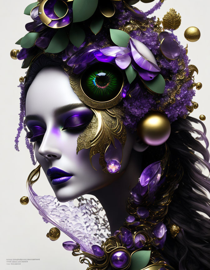 Surreal fantasy portrait of woman with purple and gold makeup and ornate headpiece