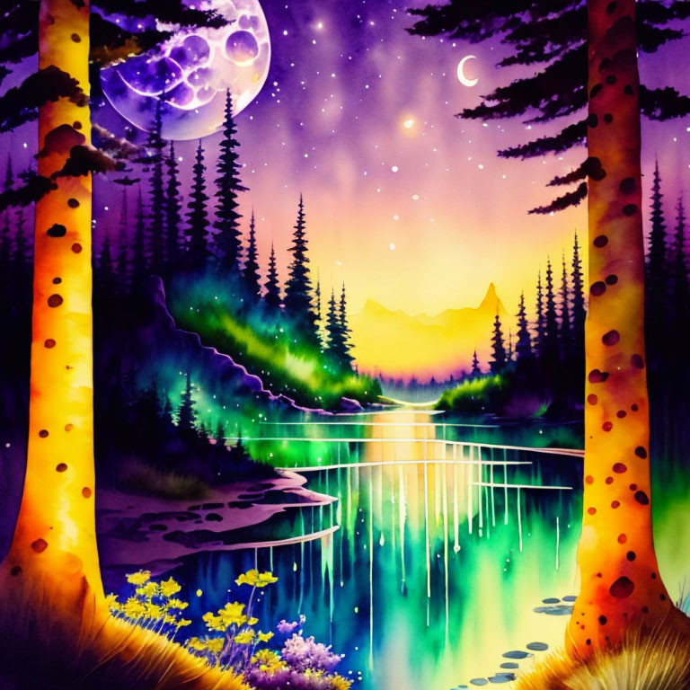 Fantasy landscape painting with sparkling river, glowing trees, stars, and two moons