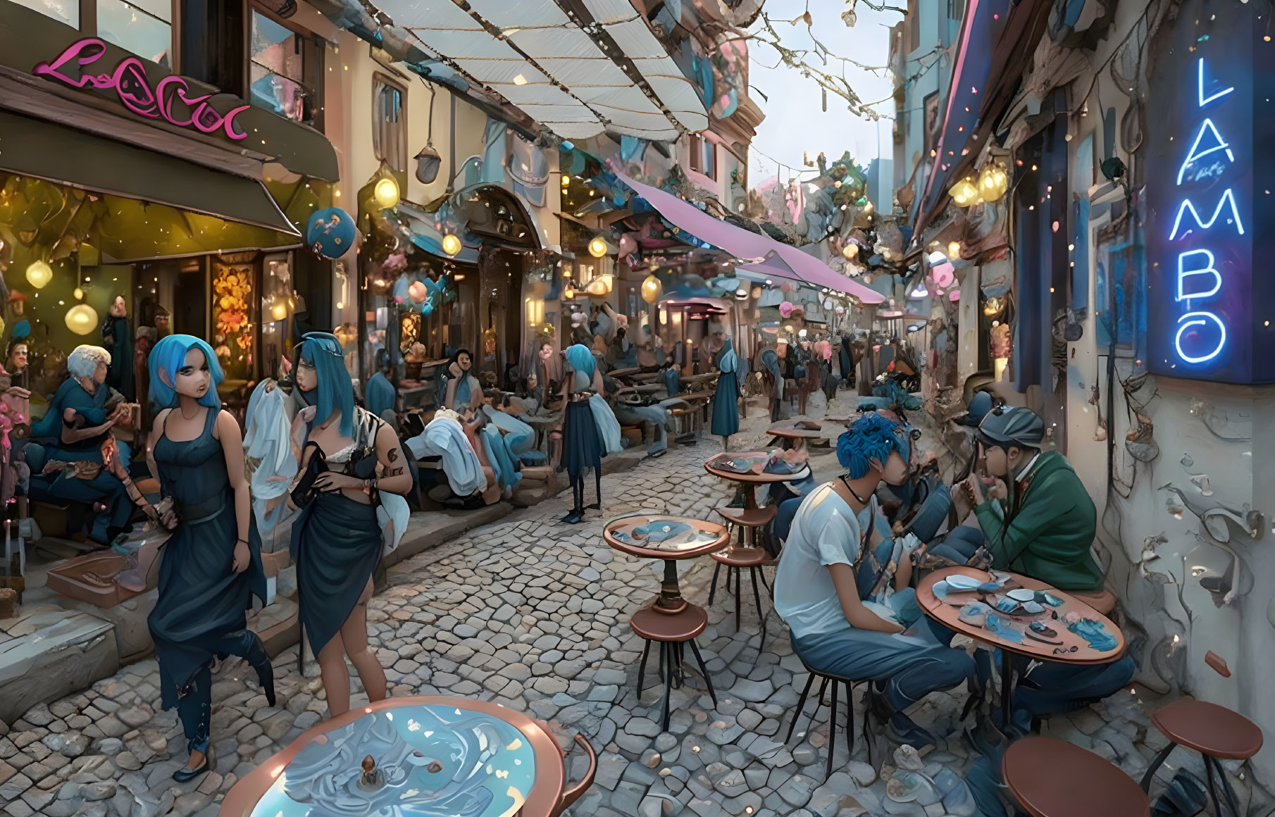 Futuristic street cafe scene with blue-haired woman and neon signs