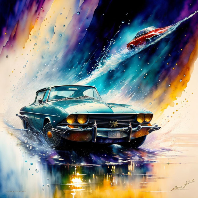 Colorful painting of vintage blue car on wet surface with red car in sky above.