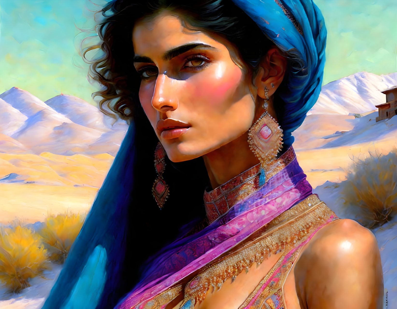 Portrait of woman in blue headscarf & purple garment against desert landscape