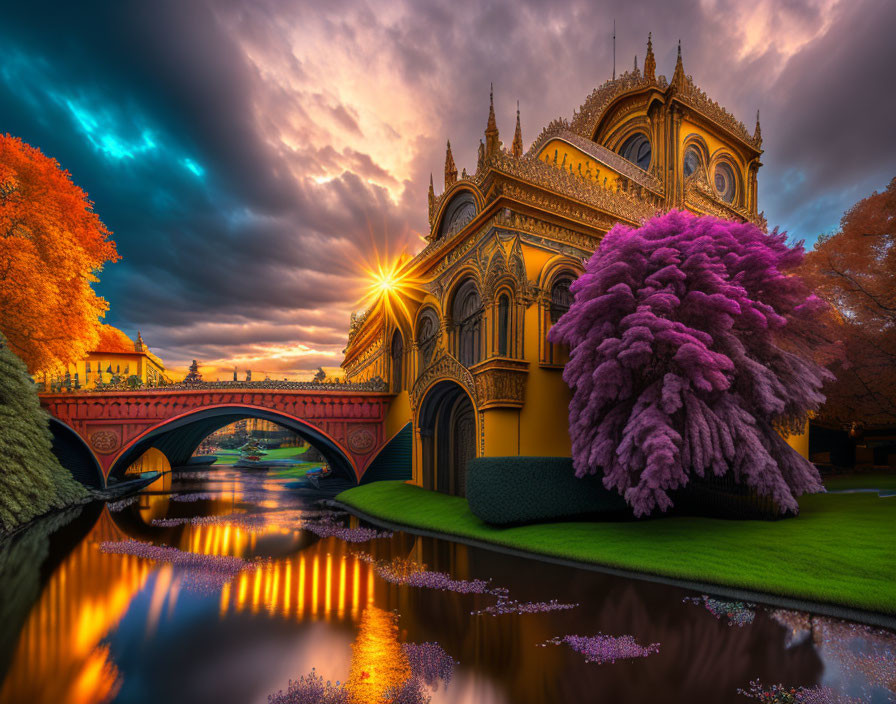 Gothic-style bridge and ornate building in vibrant sunset scene