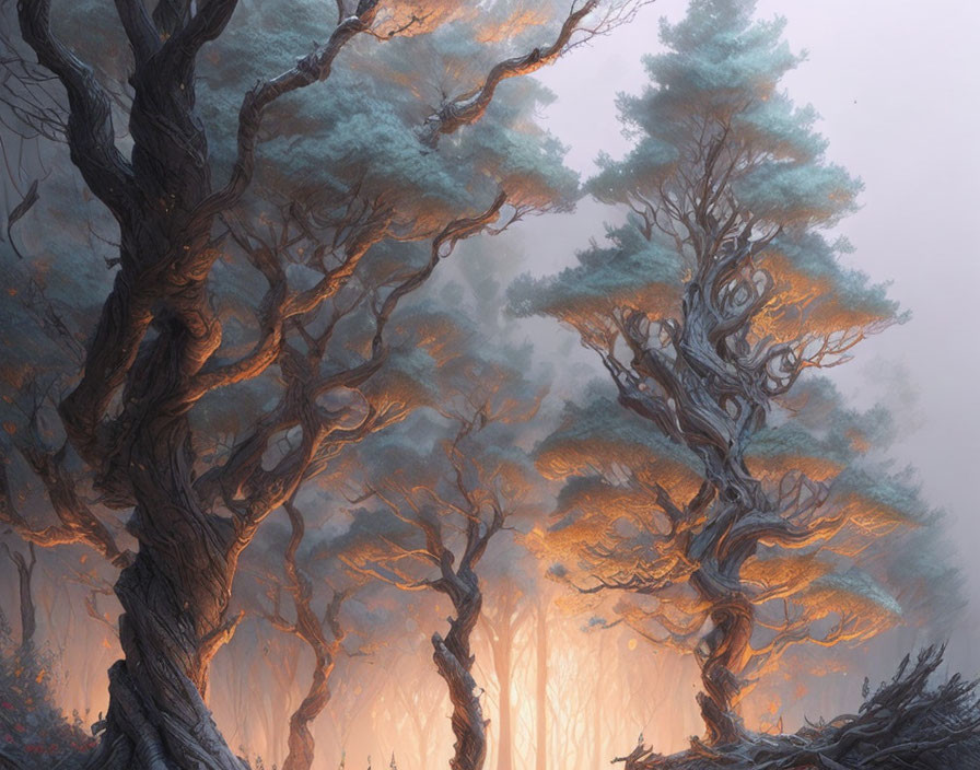 Mystical forest scene with gnarled trees and blueish moss in foggy background