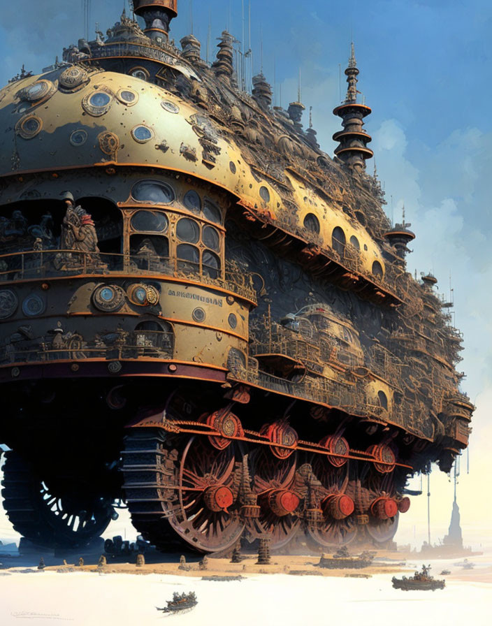 Steampunk-style behemoth vehicle with spires and large wheels in desert landscape