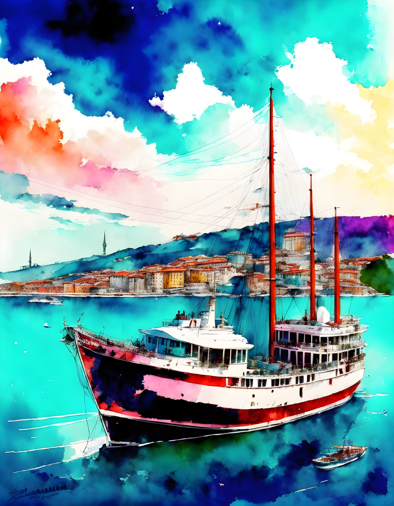 Colorful watercolor illustration of a moored ship with red and white hues against a cityscape and