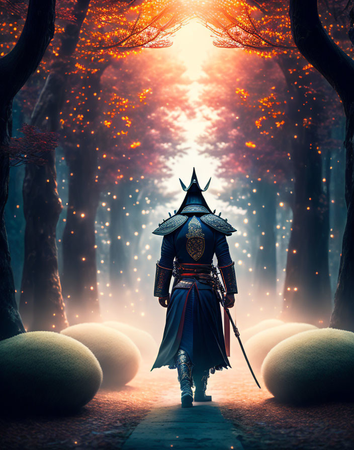 Samurai in traditional armor in enchanting forest with glowing orbs and autumnal trees