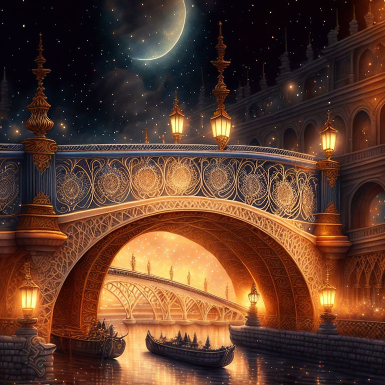 Intricate Designs on Ornate Bridge Under Starry Sky