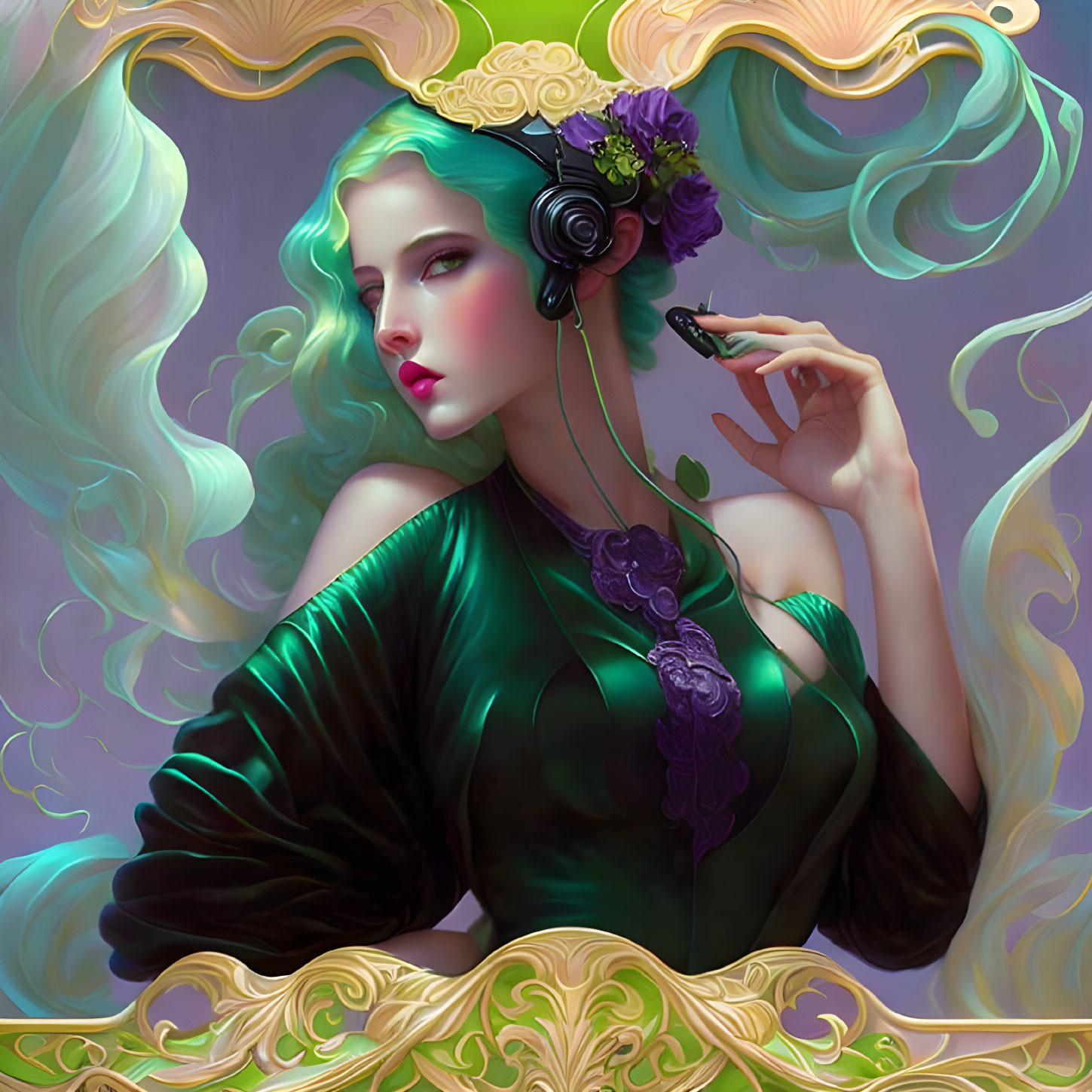 Illustrated woman with teal hair in green dress and retro headset among golden swirls.