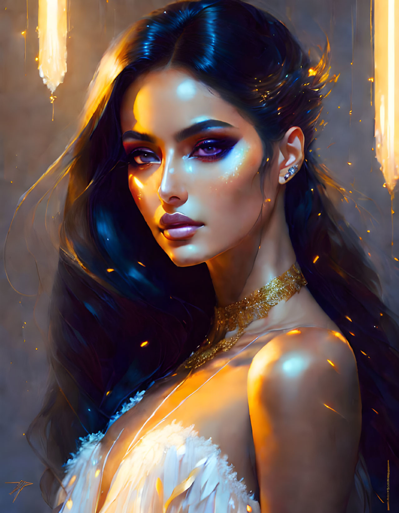 Portrait of a woman with glowing skin, dark hair, intricate makeup, and golden accessories