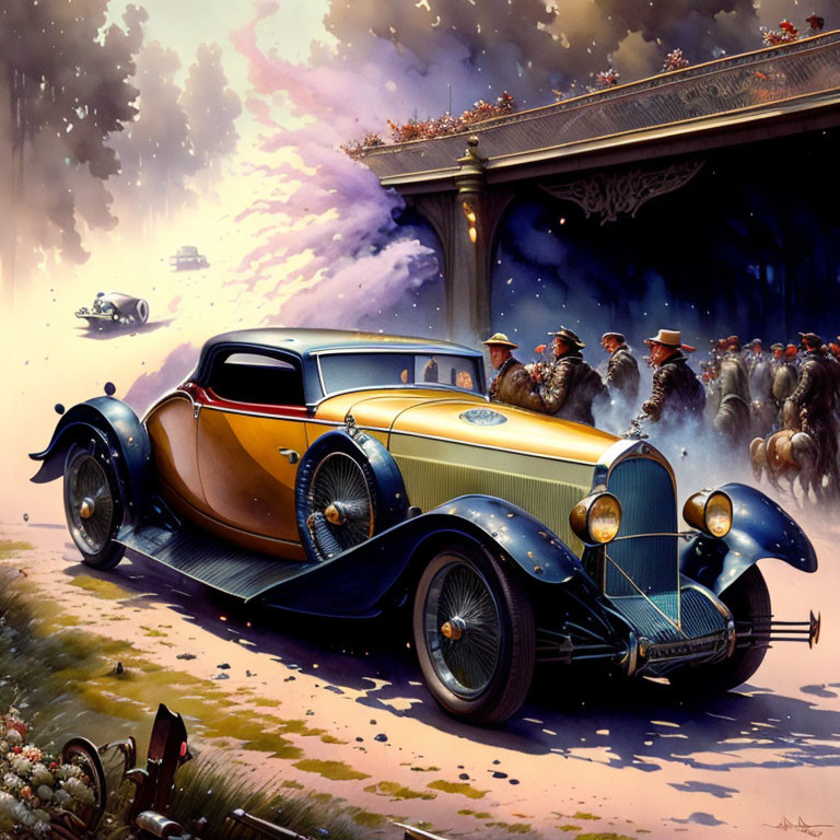 Vintage Car and Futuristic Cityscape with Flying Cars and Steampunk Elements