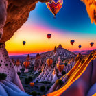 Colorful hot air balloons float over rocky landscape at sunrise