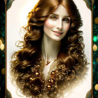 Illustration of woman with wavy brown hair, green eyes, radiant smile, golden details.