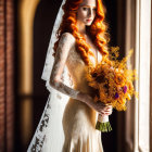 Red-haired bride in lace dress and tiara with yellow flower bouquet by window.