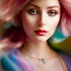 Colorful-haired woman with bold makeup and jeweled necklace in pensive pose