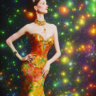 Woman in galaxy-themed gown with celestial jewelry on starry background