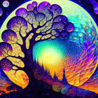 Vibrant artistic depiction of purple leaf tree in cosmic setting