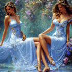 Two women in blue dresses in tranquil floral scene