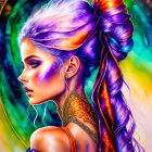 Colorful digital artwork featuring a woman with purple hair and ornate jewelry