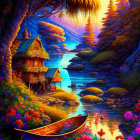 Colorful landscape with river, houses, boat, plants, and illuminated trees.