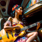 Colorful illustration: Woman playing guitar in urban nightlife.