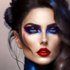 Vivid blue and pink eye makeup on woman with red lips