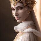 Delicate-featured individual in ornate golden headdress and white gown gazes serenely.