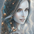 Smiling woman with wavy hair and stars in digital art