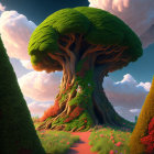 Fantasy landscape with oversized mushroom and vibrant flora