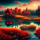 Fantasy lakeside sunset scene with wooden house and glowing flora