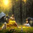 Women in elegant dresses by mirrors in mystical forest with dog and glowing lights at sunset