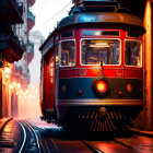 Vintage Tram on Cobblestone Street at Twilight with Warm Glowing Lights