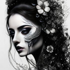 Surreal fantasy portrait of woman with purple and gold makeup and ornate headpiece