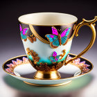 Porcelain Teacup and Saucer with Gold Accents and Butterfly Designs