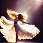 Silhouetted woman with flowing hair and billowing dress against bright light