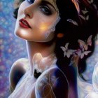 Digital painting of woman with butterflies, starry backdrop, and floral patterns