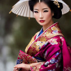 Traditional Japanese woman in elaborate attire with bouquet.