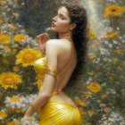 Woman in Golden Dress Surrounded by Blooming Garden