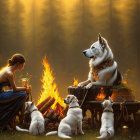 Person with large dog and puppies by campfire in forest at dusk