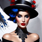 Stylized portrait of woman in top hat with striking makeup