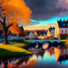 Scenic village sunset with autumn foliage and river bridge