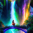 Person Contemplating Colorful Waterfall in Luminous Jungle