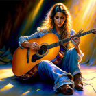 Serene woman tuning guitar in warmly lit setting