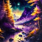 Luminous trees, serene river, mountains & starry sky with crescent moon